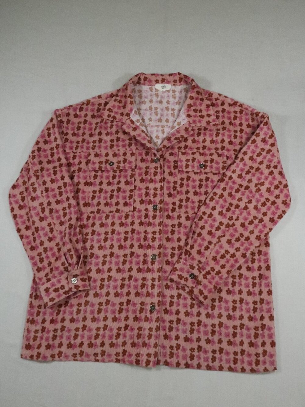 Entro Pink Floral Corduroy Button Down Shacket Women's M Retro 70s